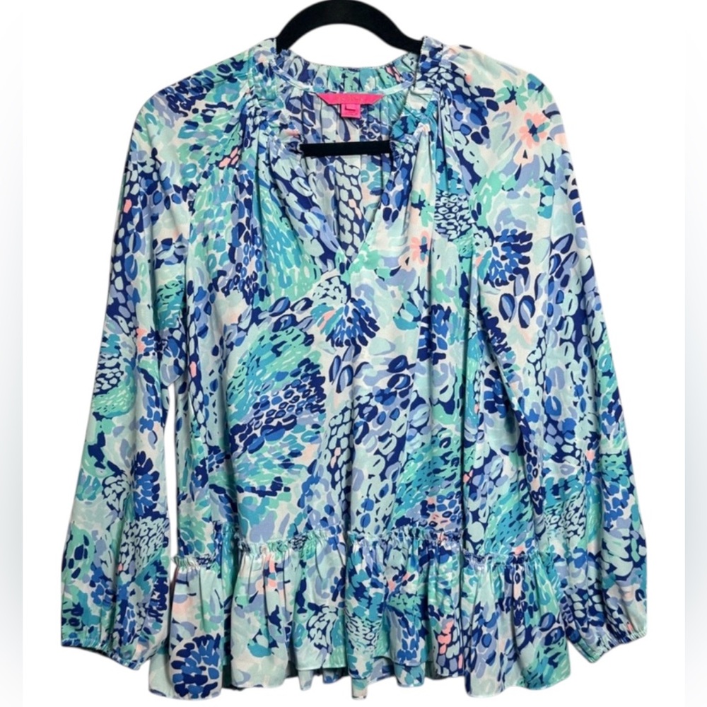 Lilly Pulitzer Savanna Printed Ruffle Hem Blouse in Blue Green Women’s Size S - Picture 3 of 10